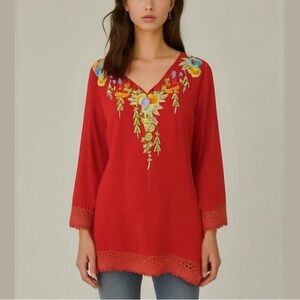 Anandas Collection Red Embroidered Short Dress - Size Medium